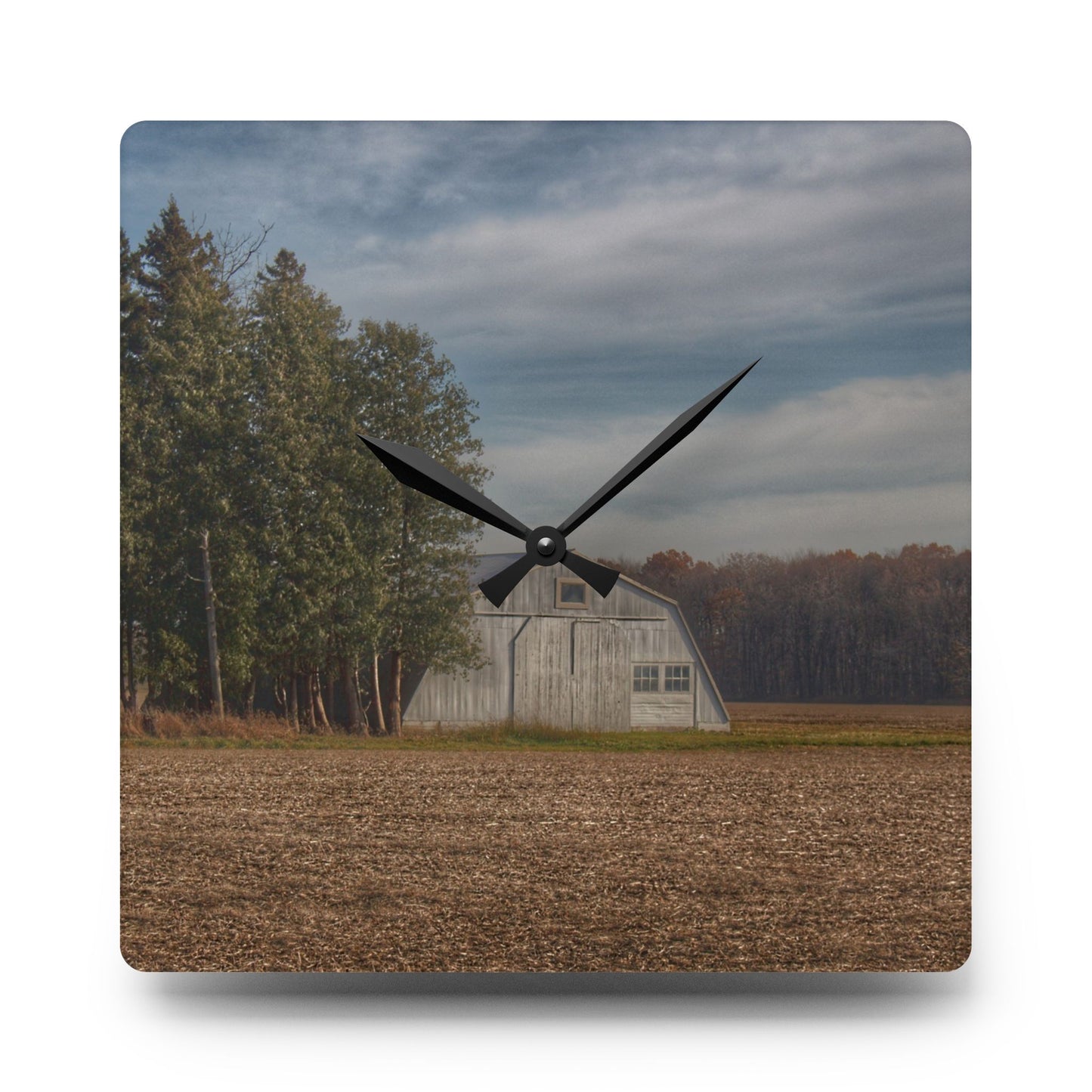 U R There Photography Grey Quonset Among the Pines Rustic Farmhouse Acrylic Analog Wall Clock