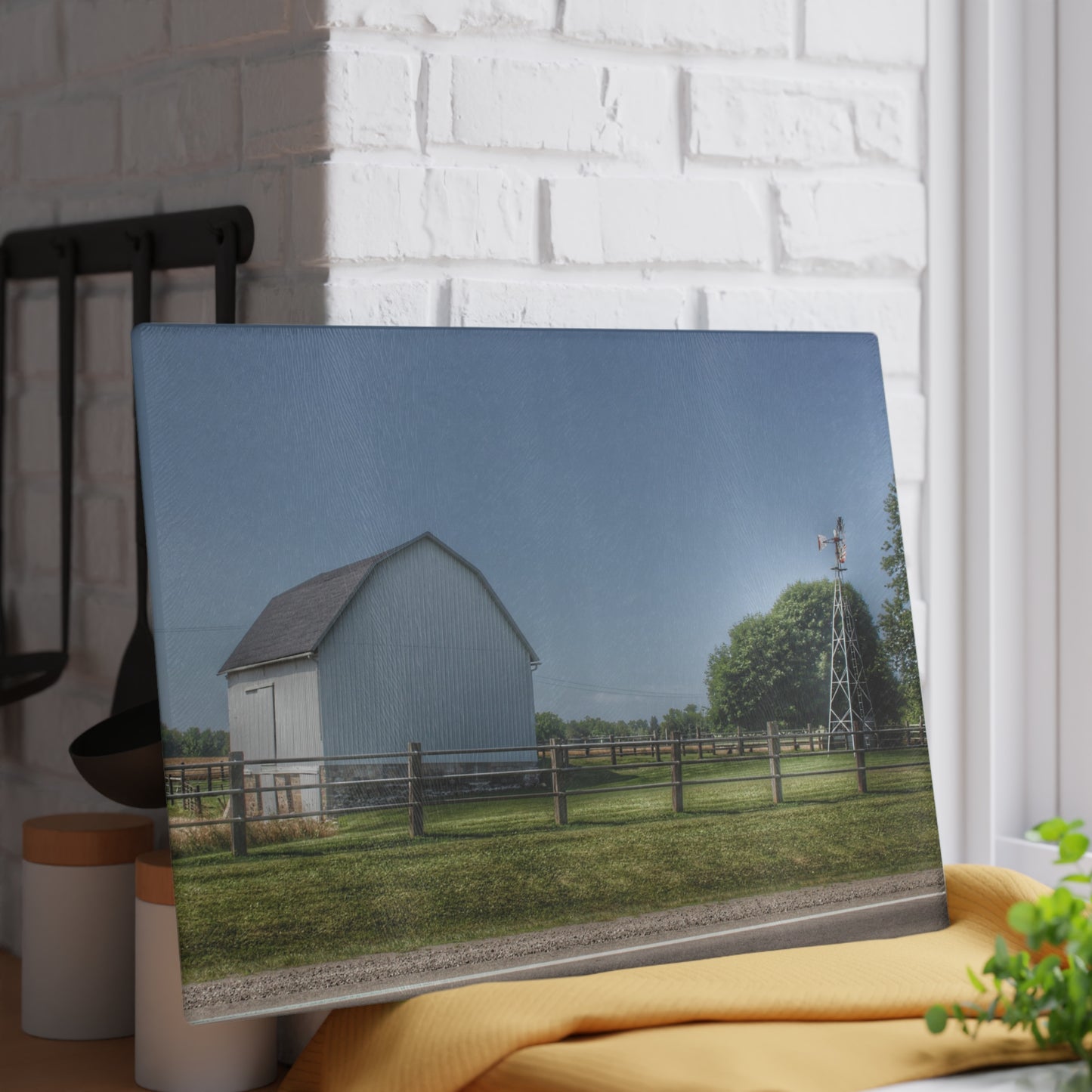 U R There Photography M-90 White and Windmill I Rustic Farmhouse Tempered-Glass Cutting Board