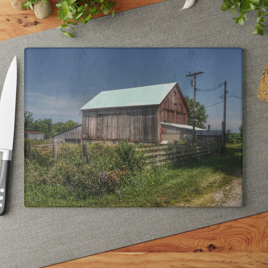 U R There Photography Castle Road Cow Barn I Rustic Farmhouse Tempered-Glass Cutting Board