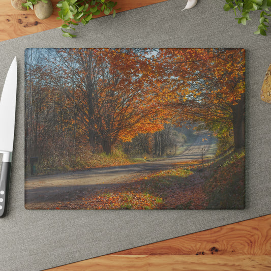 U R There Photography Fall on Oak Road Rustic Farmhouse Tempered-Glass Cutting Board