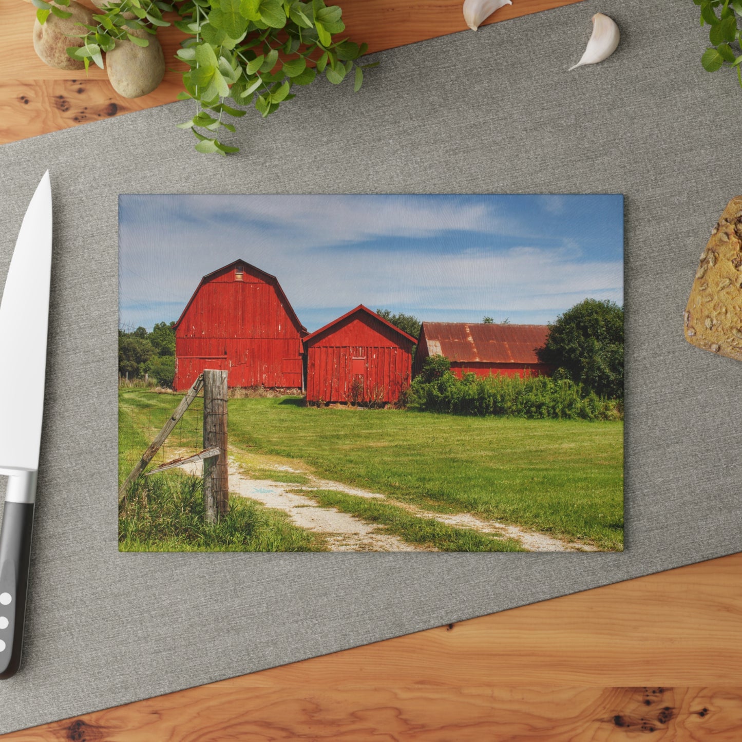 U R There Photography South Oak Road Reds I Rustic Farmhouse Tempered-Glass Cutting Board