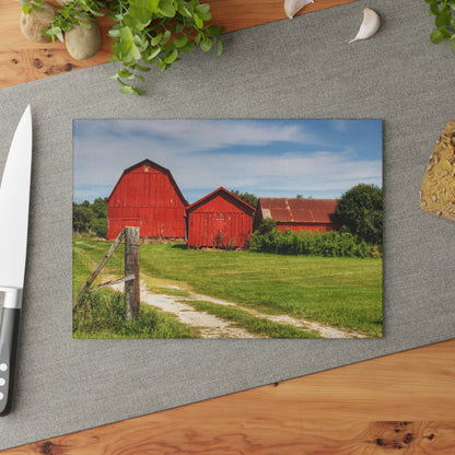 U R There Photography South Oak Road Reds I Rustic Farmhouse Tempered-Glass Cutting Board