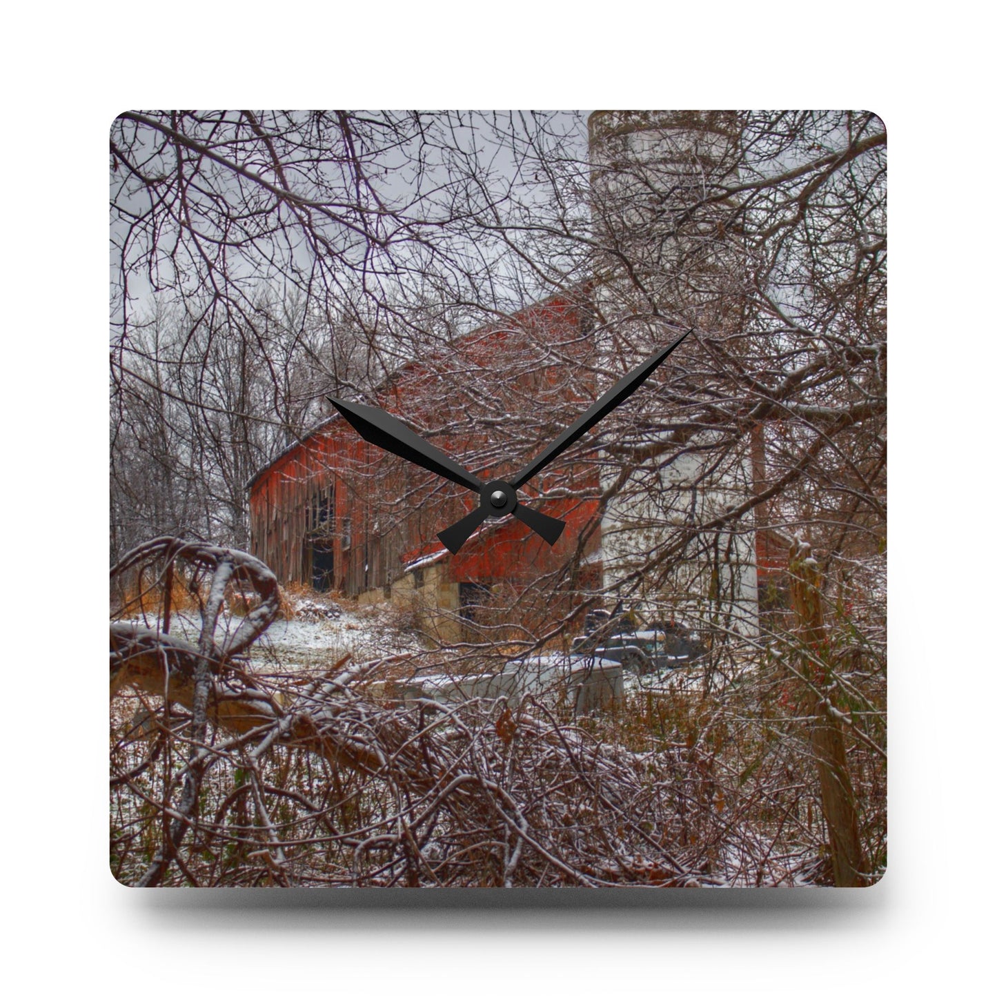 U R There Photography Sandhill Road Hidden Red I Rustic Farmhouse Acrylic Analog Wall Clock