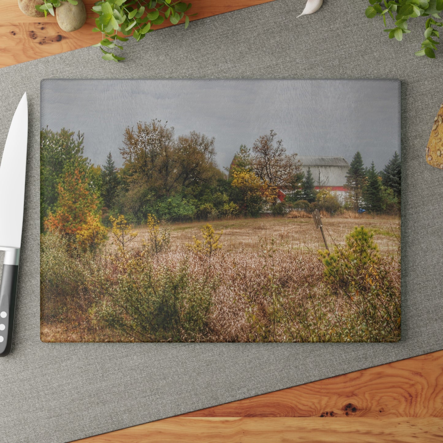 U R There Photography Hadley Road Hidden Red in Fall Rustic Farmhouse Tempered-Glass Cutting Board