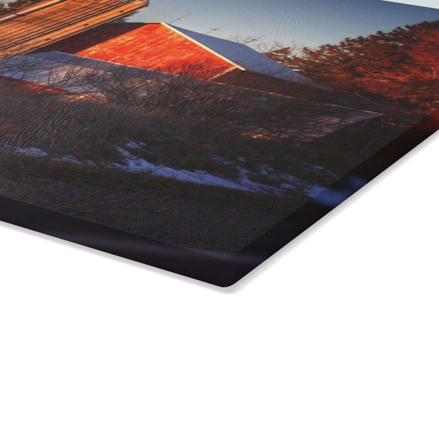 U R There Photography Mount Morris Road Reds and Silo in Winter Rustic Farmhouse Tempered-Glass Cutting Board