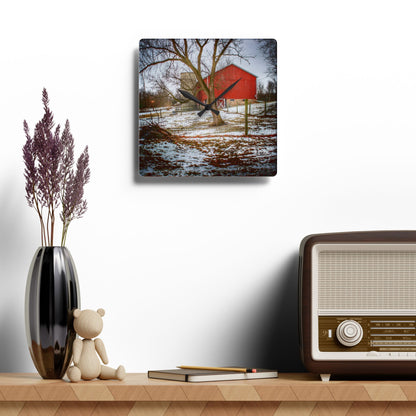 U R There Photography LeValley Road Red and Silo Rustic Farmhouse Acrylic Analog Wall Clock
