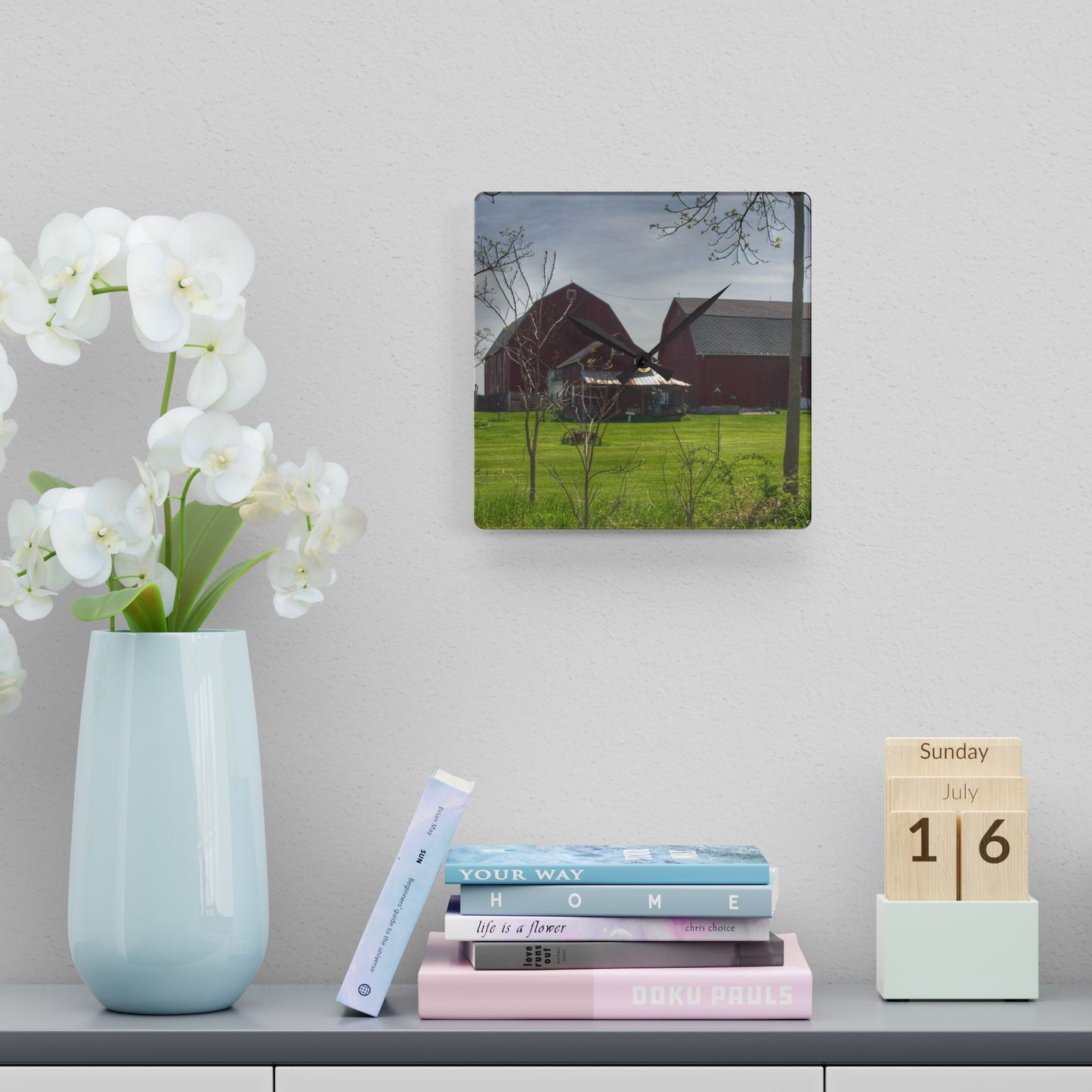 U R There Photography Bishop Road Reds I Rustic Farmhouse Acrylic Analog Wall Clock