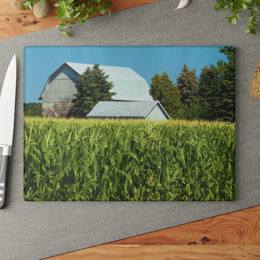 U R There Photography White Cornfield Barn Rustic Farmhouse Tempered-Glass Cutting Board