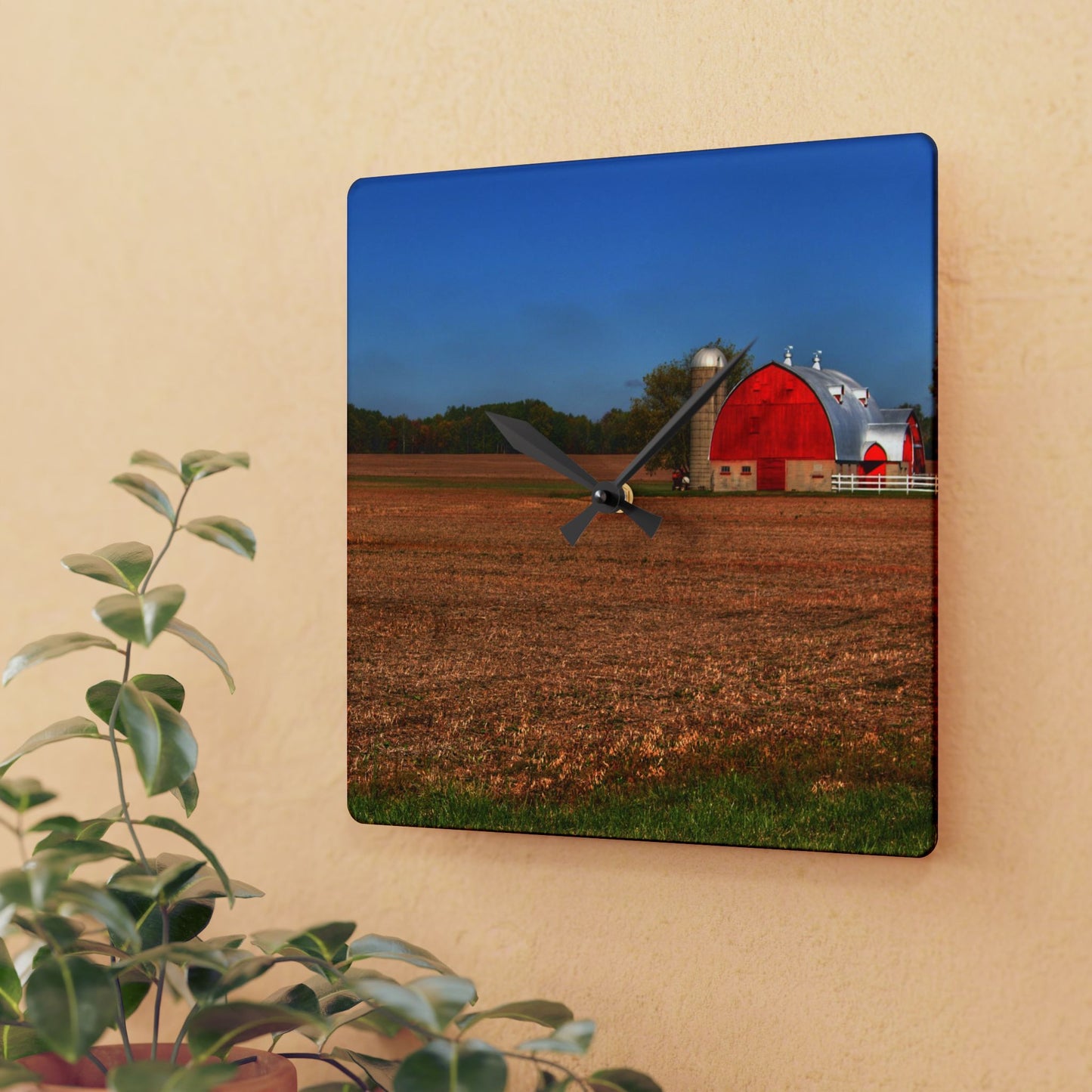 U R There Photography Brown City Wellman Line Road Red Rustic Farmhouse Acrylic Analog Wall Clock