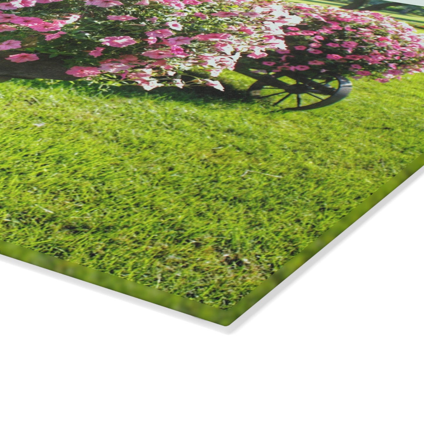 Barn Boutique Rustic Tempered-Glass Cutting Board| Wheelbarrow Full of Flowers