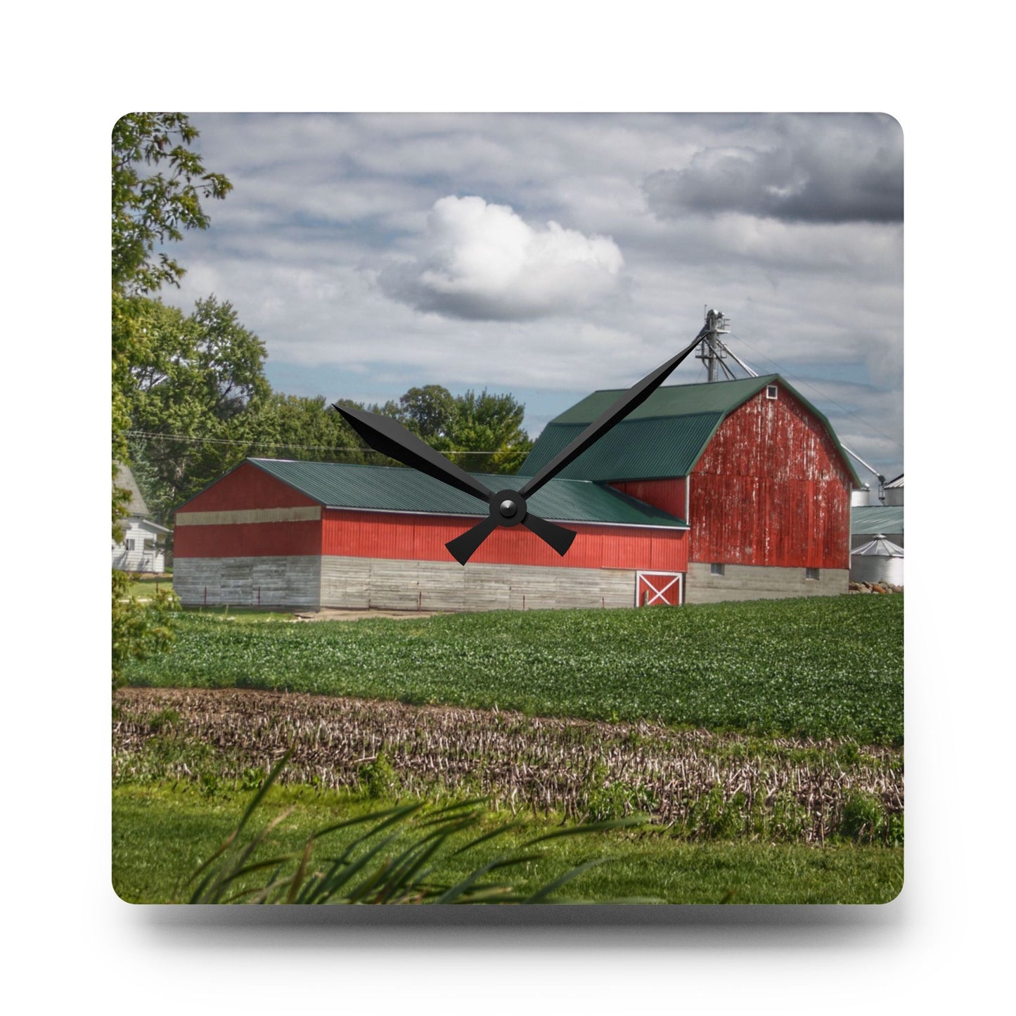 U R There Photography Haines Road Cornfield Reds Rustic Farmhouse Acrylic Analog Wall Clock