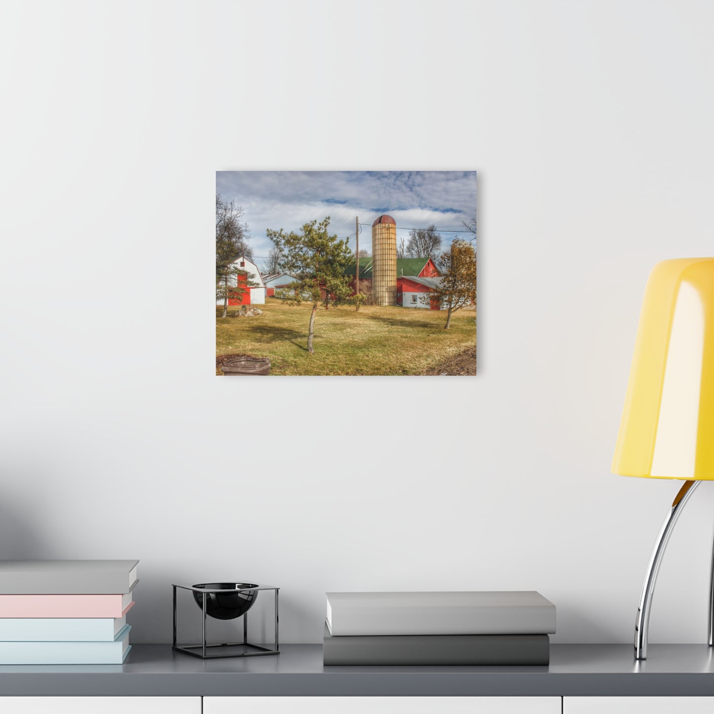 U R There Photography Newark Road Red and Silos I Rustic Farmhouse Acrylic Wall Print
