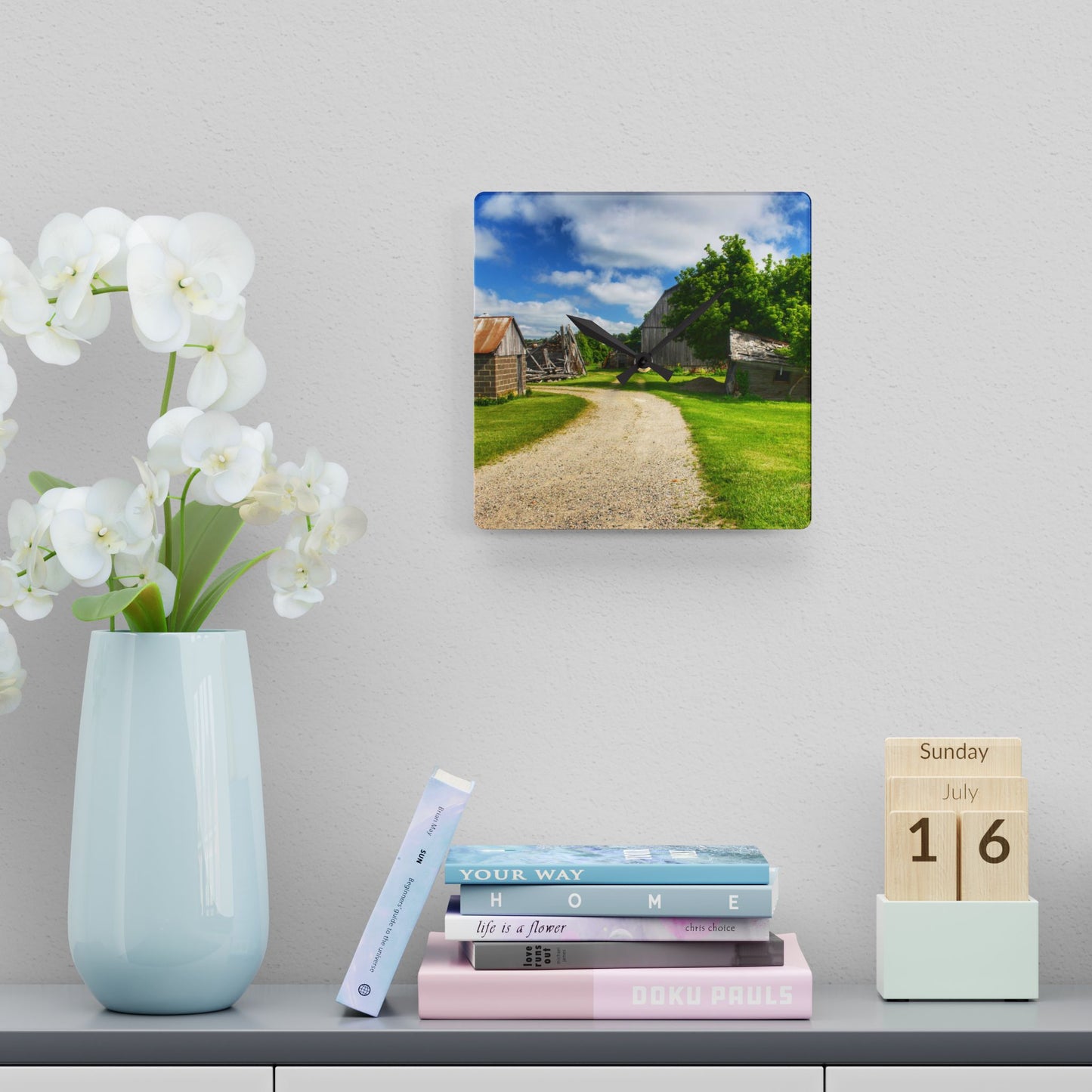 U R There Photography Brown City Road Barn and Buddy II Rustic Farmhouse Acrylic Analog Wall Clock
