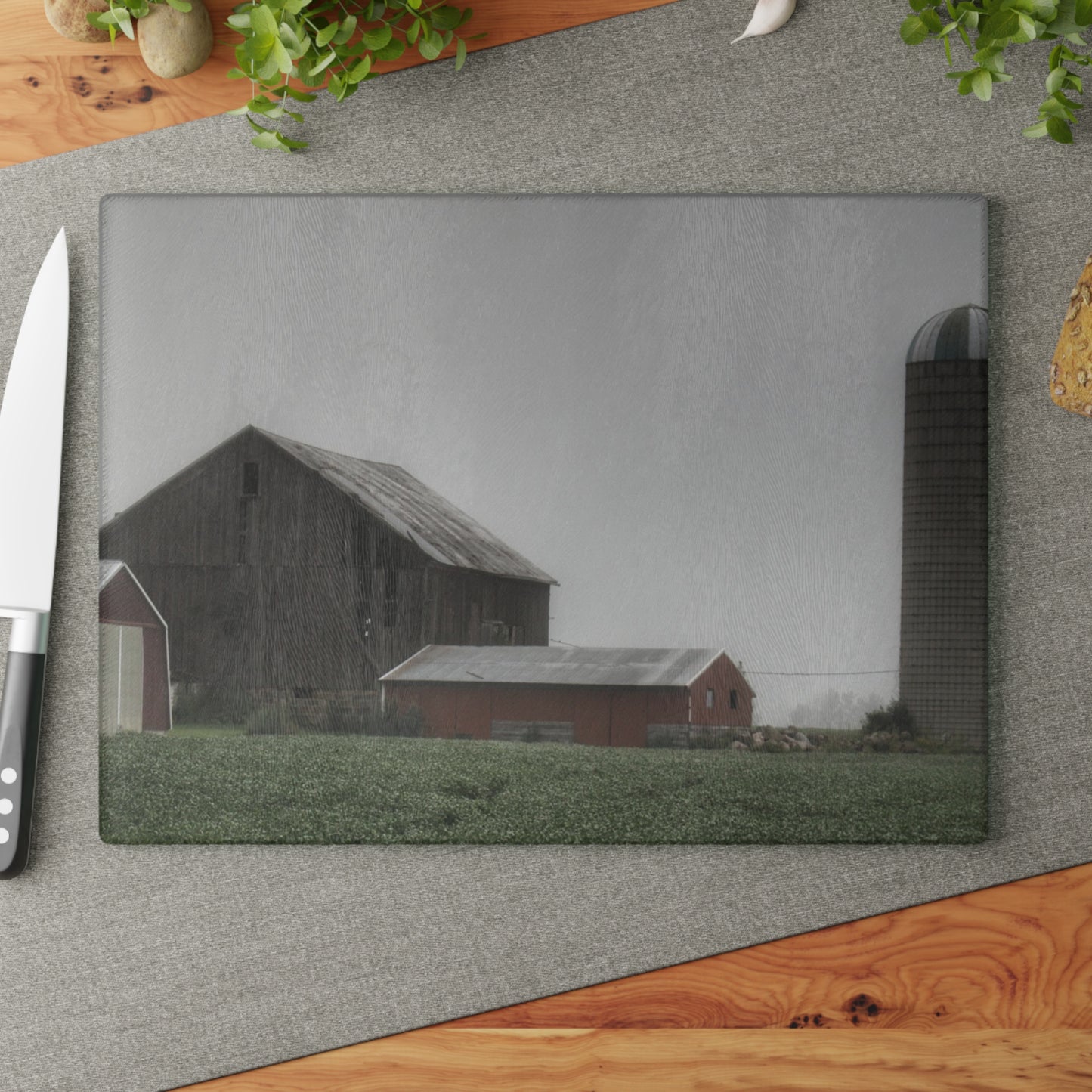 U R There Photography Farm in the Fog Rustic Farmhouse Tempered-Glass Cutting Board