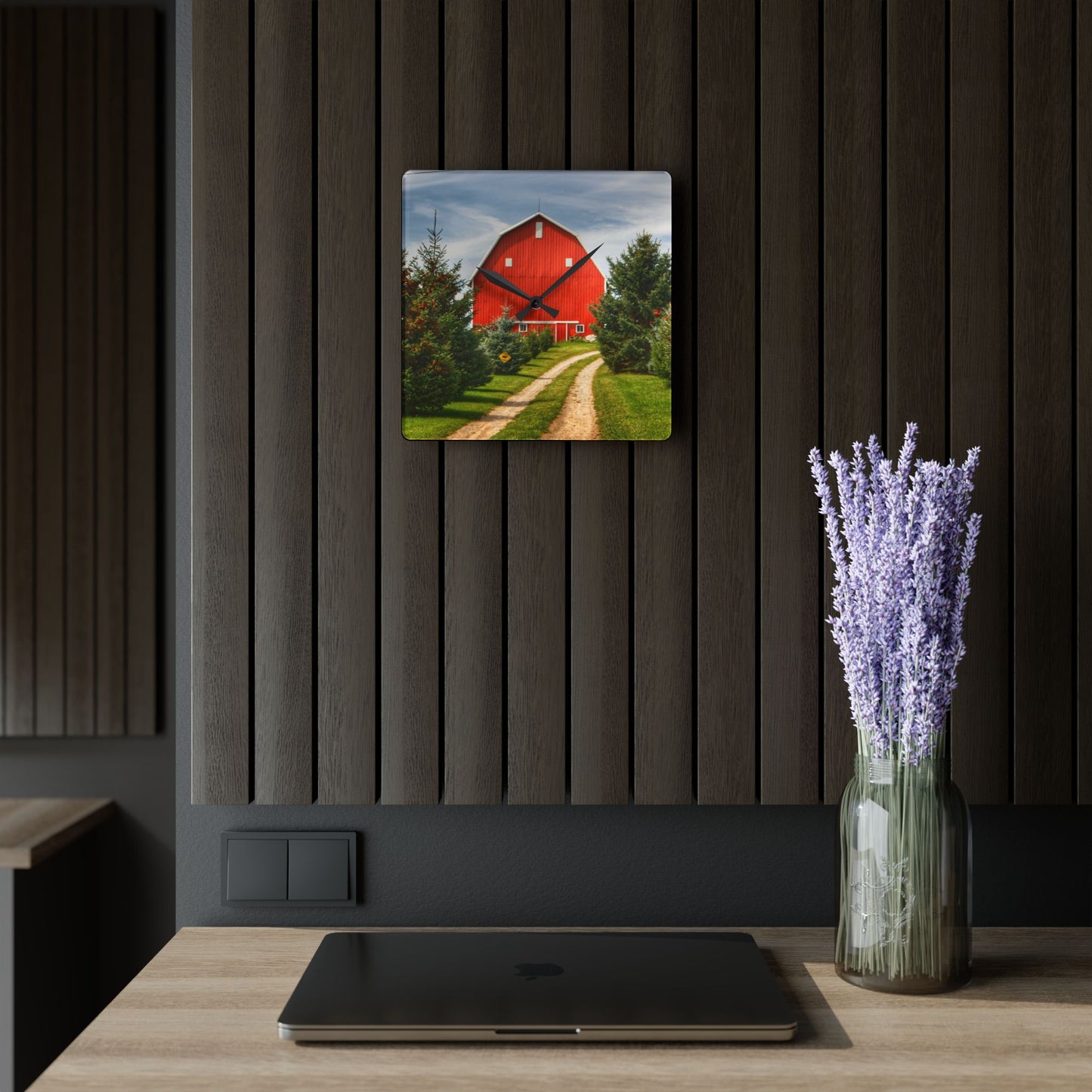 U R There Photography Brown City Road Pine Red Rustic Farmhouse Acrylic Analog Wall Clock