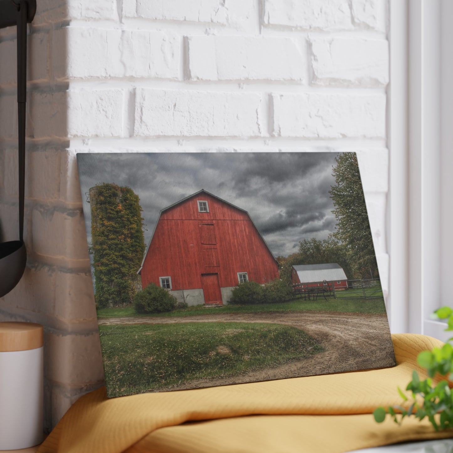 U R There Photography Horton Road Red and Silo Rustic Farmhouse Tempered-Glass Cutting Board