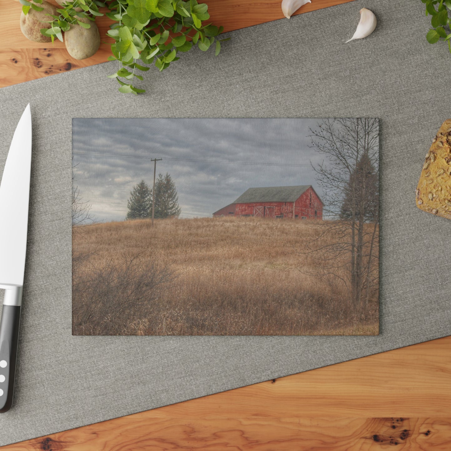 U R There Photography Grey Road Hillside Red I Rustic Farmhouse Tempered-Glass Cutting Board