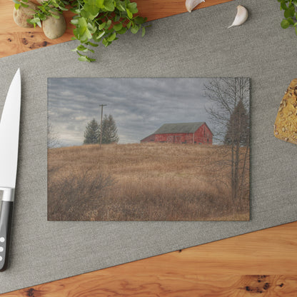 U R There Photography Grey Road Hillside Red I Rustic Farmhouse Tempered-Glass Cutting Board