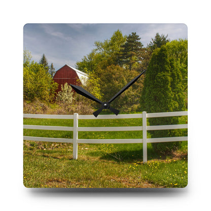 U R There Photography Sutton Road Red Beyond the Fence Rustic Farmhouse Acrylic Analog Wall Clock