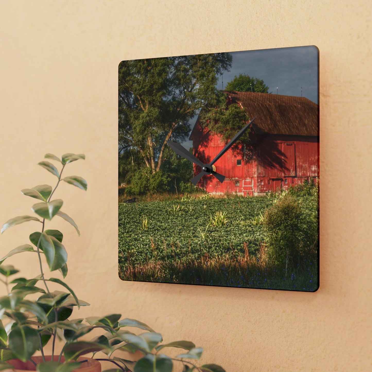 U R There Photography Genesee Road Red II Rustic Farmhouse Acrylic Analog Wall Clock
