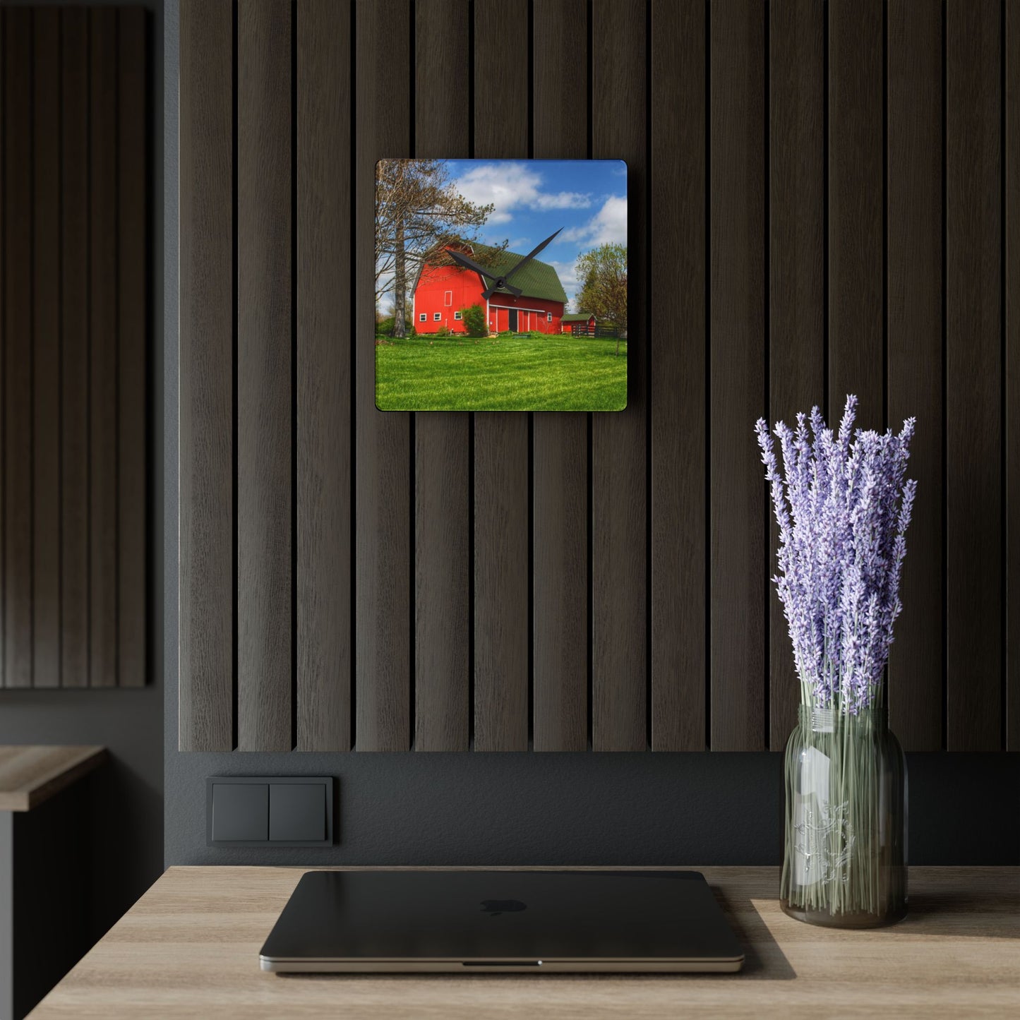 U R There Photography Barber Road Red Rustic Farmhouse Acrylic Analog Wall Clock