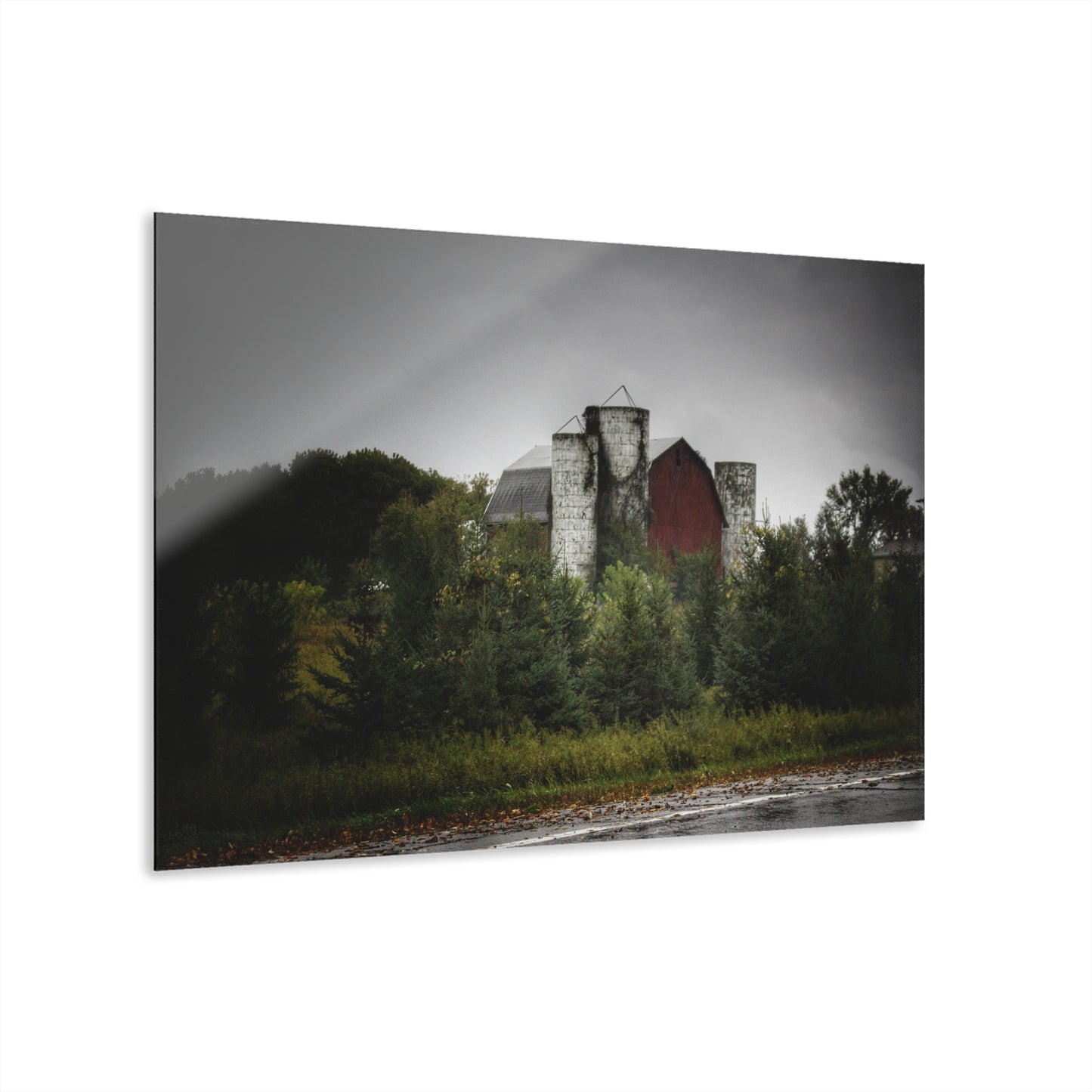 U R There Photography Castle Road Red and Silos in the Rain Rustic Farmhouse Acrylic Wall Print