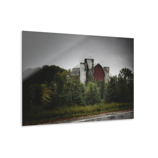 U R There Photography Castle Road Red and Silos in the Rain Rustic Farmhouse Acrylic Wall Print