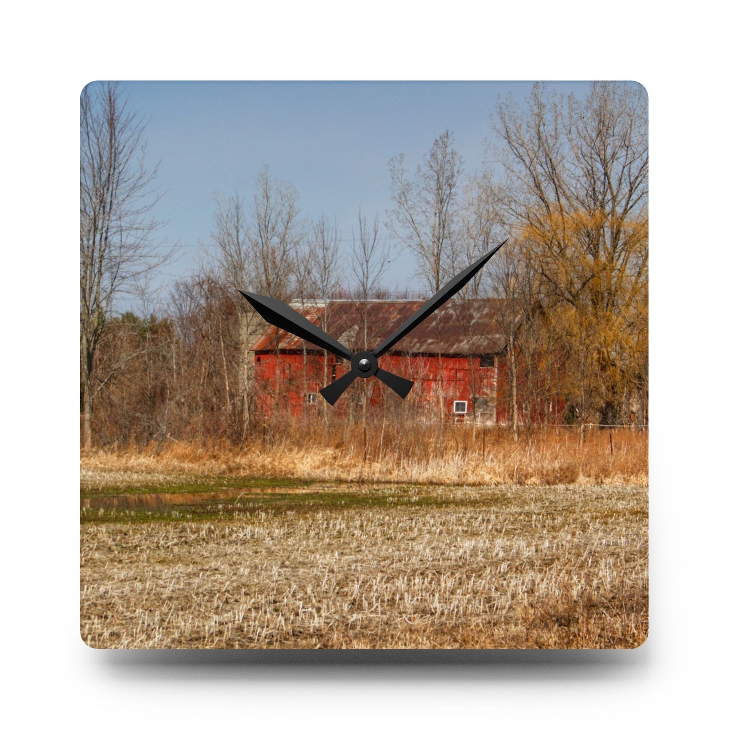 U R There Photography Hidden Scotch Settlement Red Rustic Farmhouse Acrylic Analog Wall Clock