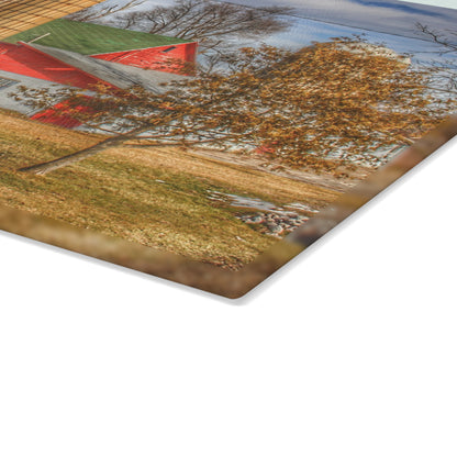 U R There Photography Newark Road Red and Silos II Rustic Farmhouse Tempered-Glass Cutting Board