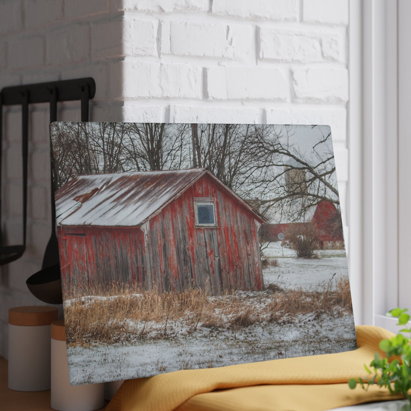 U R There Photography Frenchline Road Red Shack and Barn Rustic Farmhouse Tempered-Glass Cutting Board