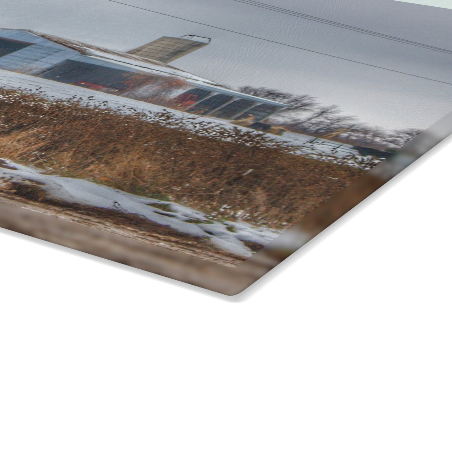 U R There Photography Noble Road Blue Cow Barn Rustic Farmhouse Tempered-Glass Cutting Board