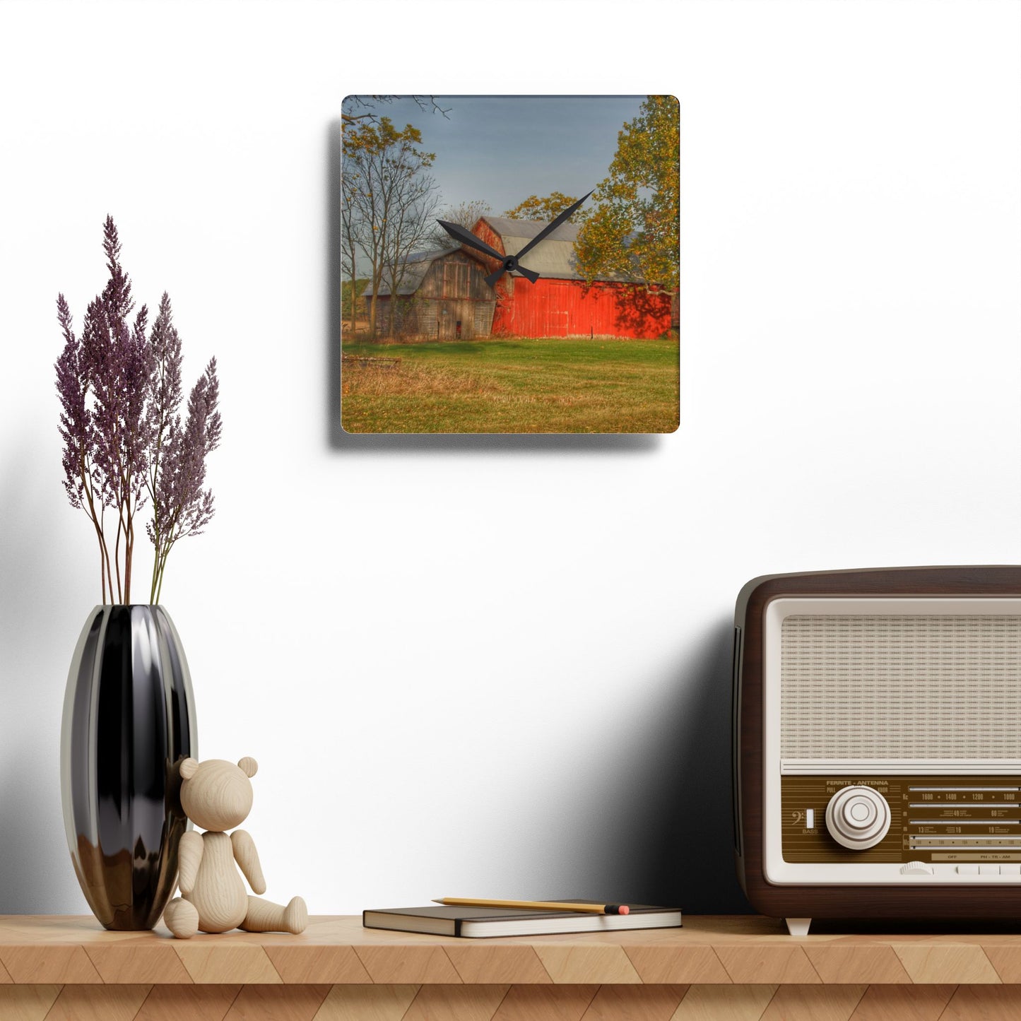 U R There Photography Barkley Road Red I Rustic Farmhouse Acrylic Analog Wall Clock