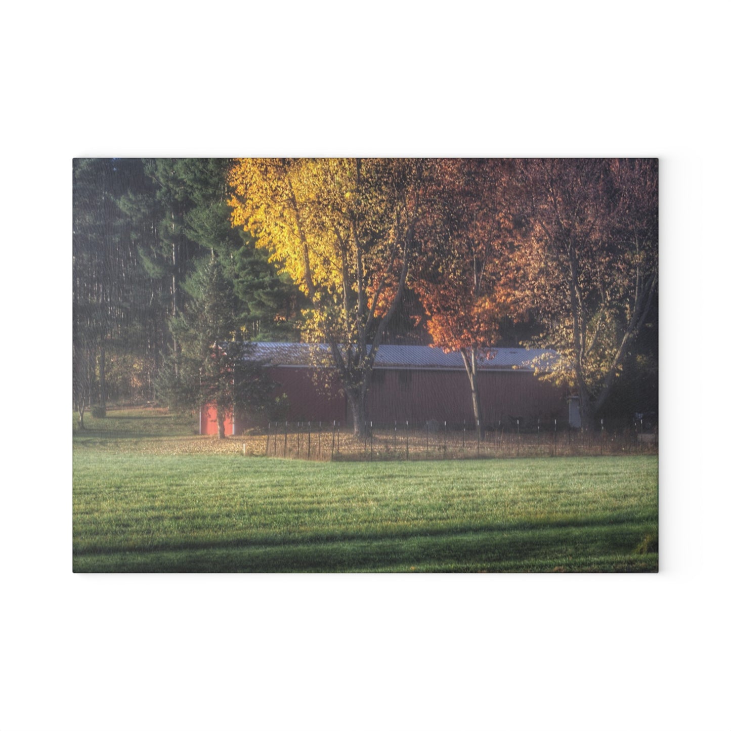 Barn Boutique Rustic Tempered-Glass Cutting Board| Red Barn on Foggy Fall Morning