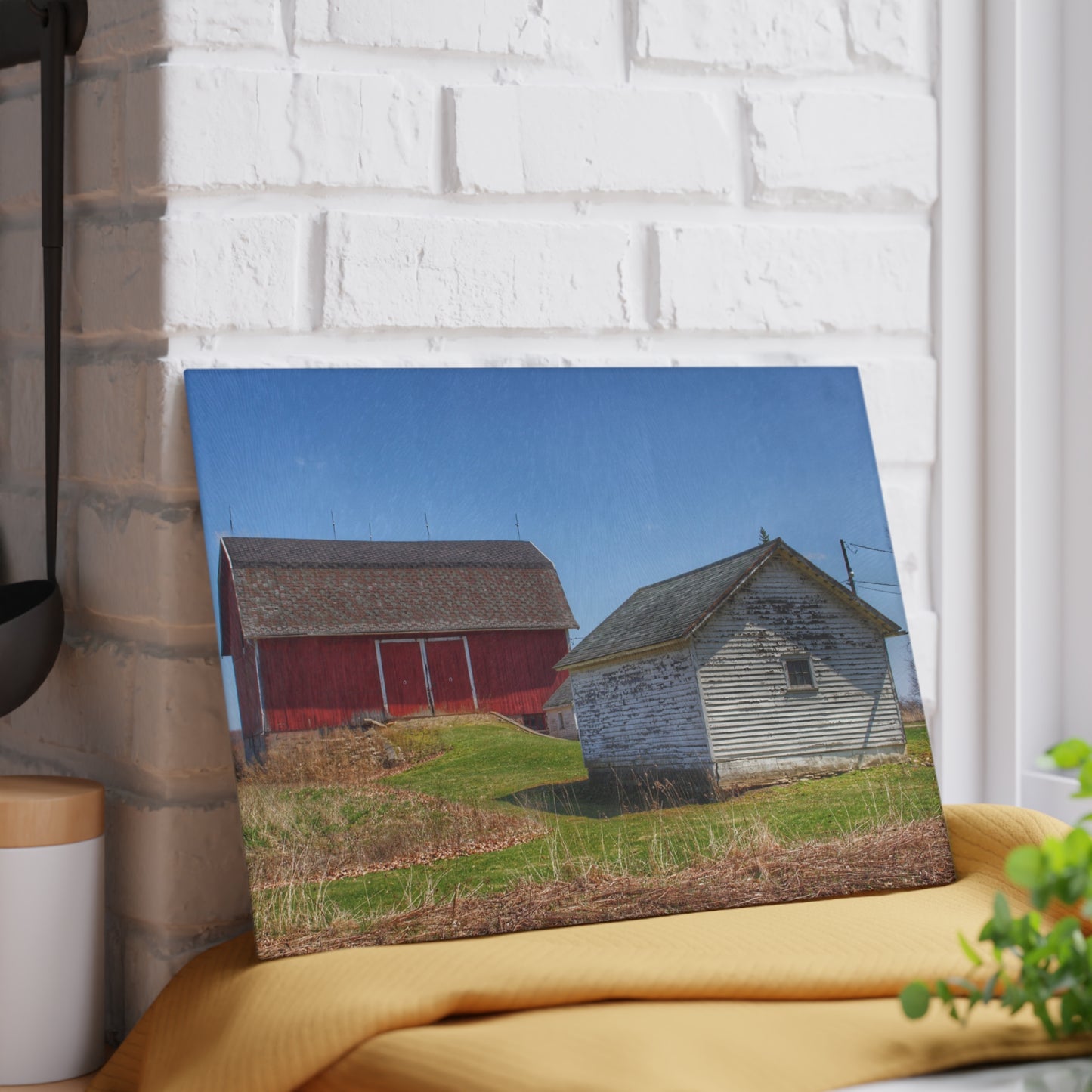 U R There Photography Hurd Corners Red and Little White Rustic Farmhouse Tempered-Glass Cutting Board