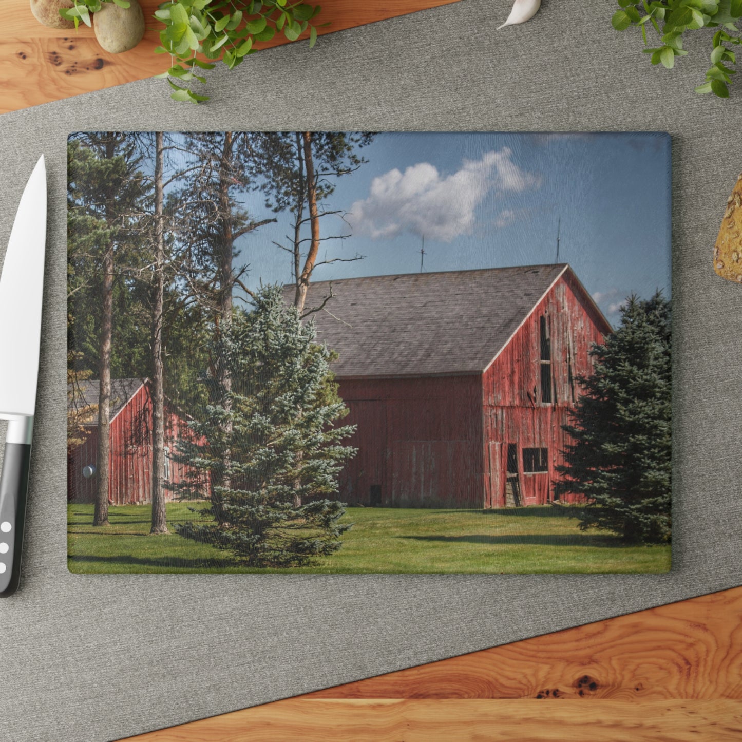 U R There Photography Havens Road Red Among the Pines Rustic Farmhouse Tempered-Glass Cutting Board