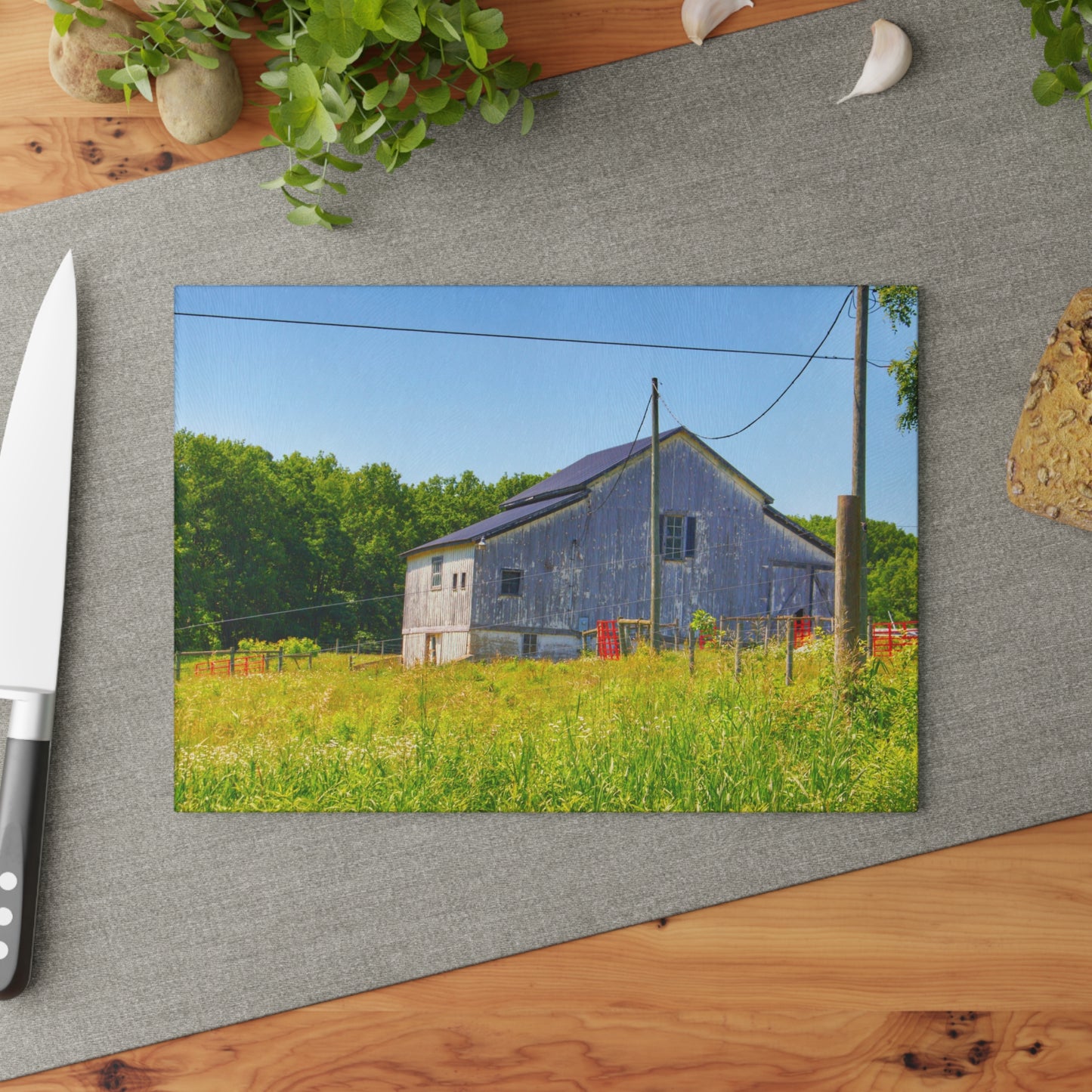 U R There Photography Greenwood Road Whitewash Grey Rustic Farmhouse Tempered-Glass Cutting Board
