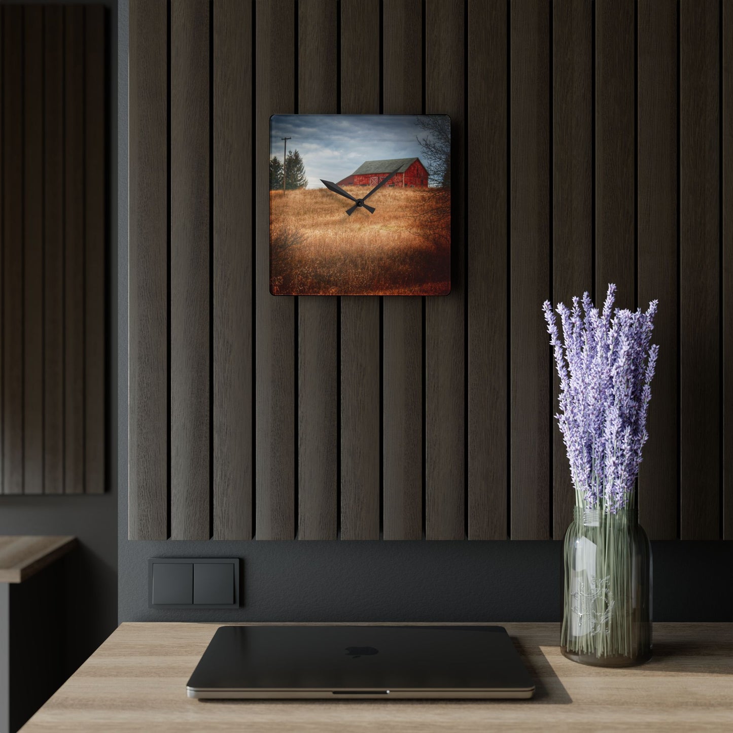 U R There Photography Grey Road Hillside Red II Rustic Farmhouse Acrylic Analog Wall Clock