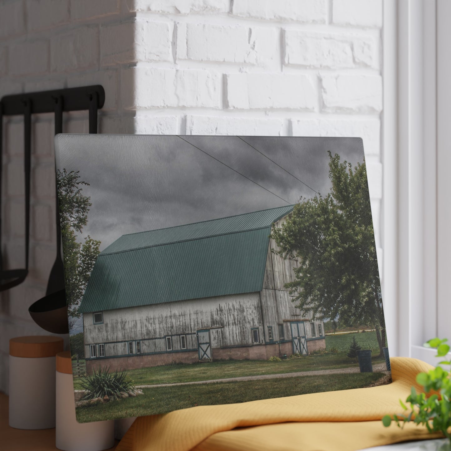 U R There Photography Bristol Road White II Rustic Farmhouse Tempered-Glass Cutting Board