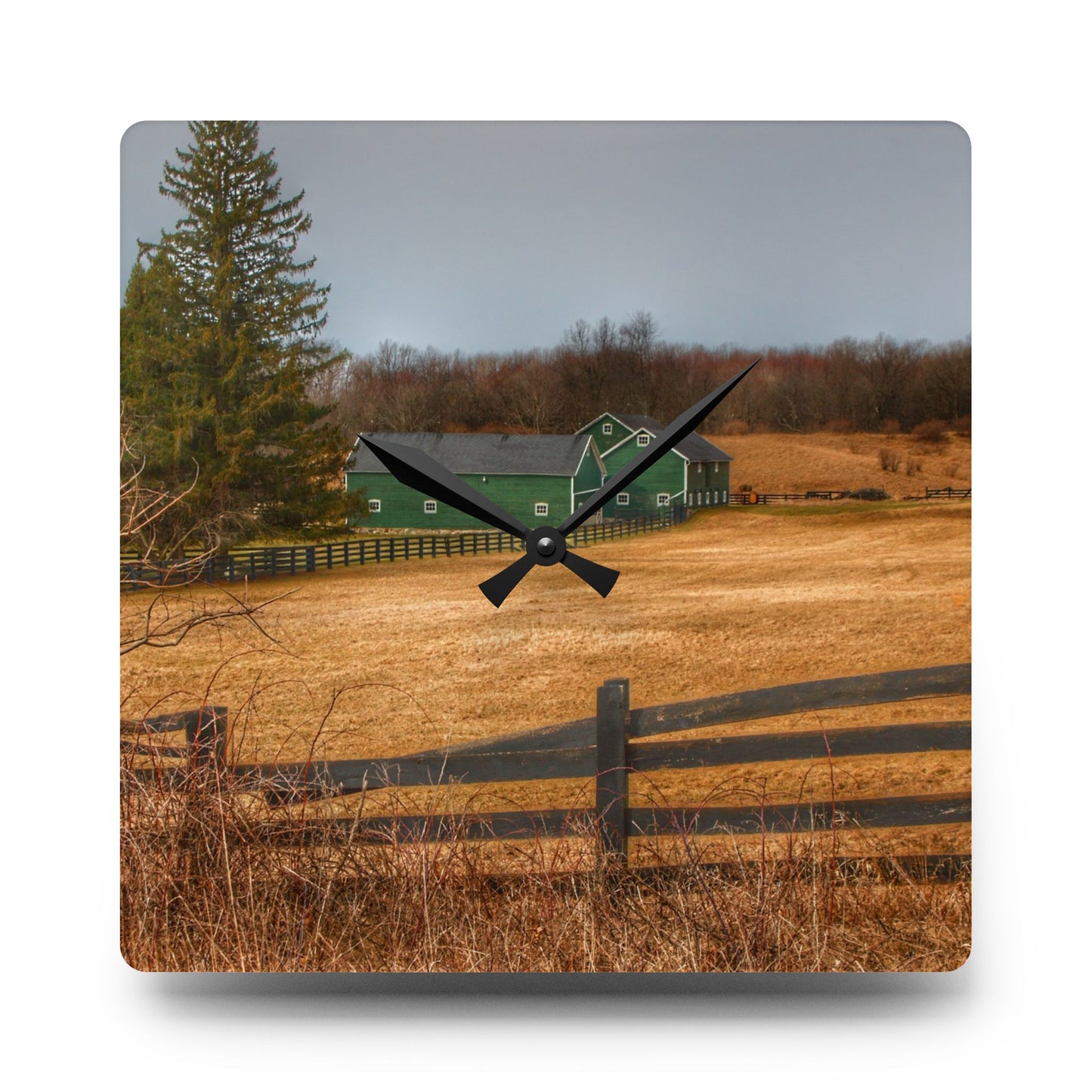 U R There Photography Green Barns and Broken Fences Rustic Farmhouse Acrylic Analog Wall Clock