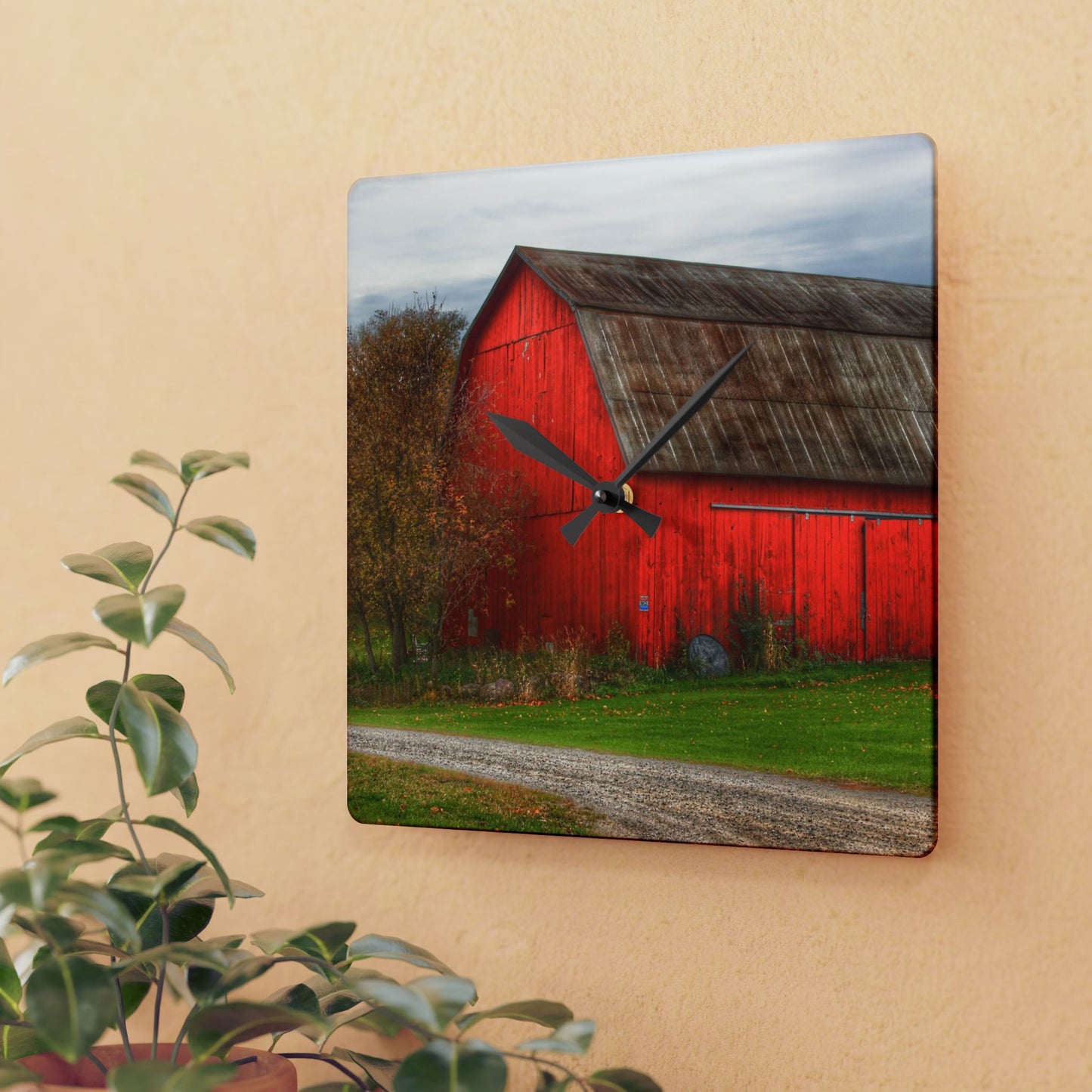 U R There Photography Oak Road Barber Barn II Rustic Farmhouse Acrylic Analog Wall Clock 10.75'' × 10.75'' (Square)
