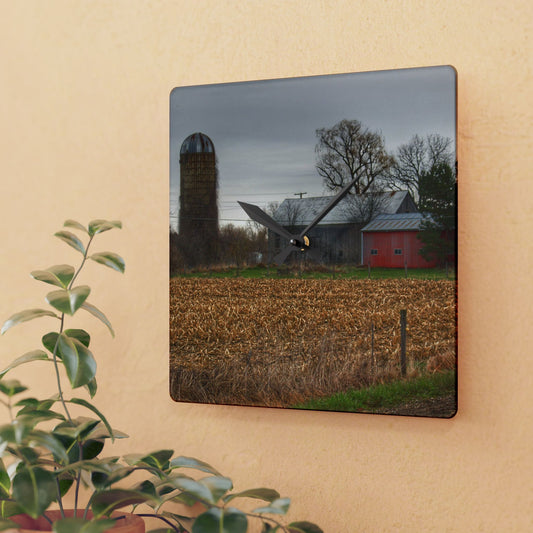 U R There Photography Dryden Road Gable Grey and Silo Rustic Farmhouse Acrylic Analog Wall Clock