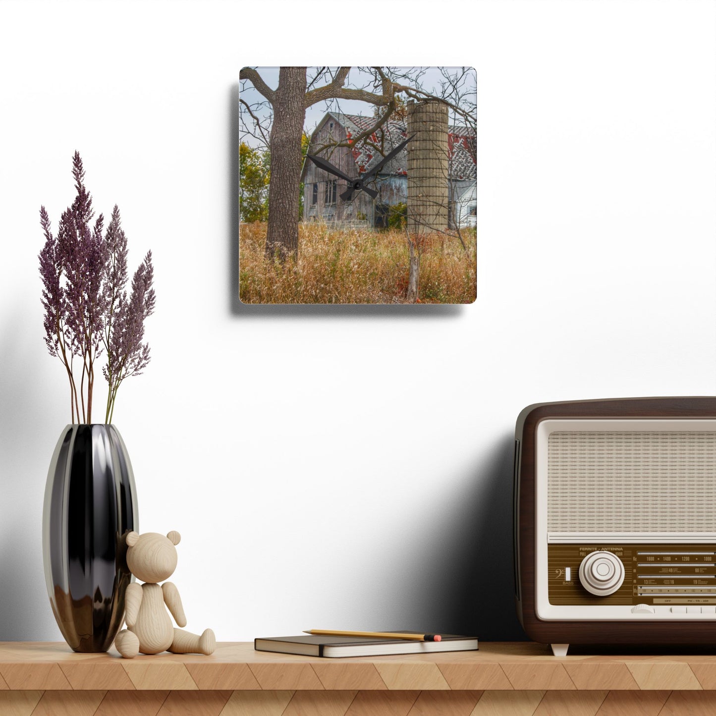U R There Photography Hill Road Roadside Grey II Rustic Farmhouse Acrylic Analog Wall Clock