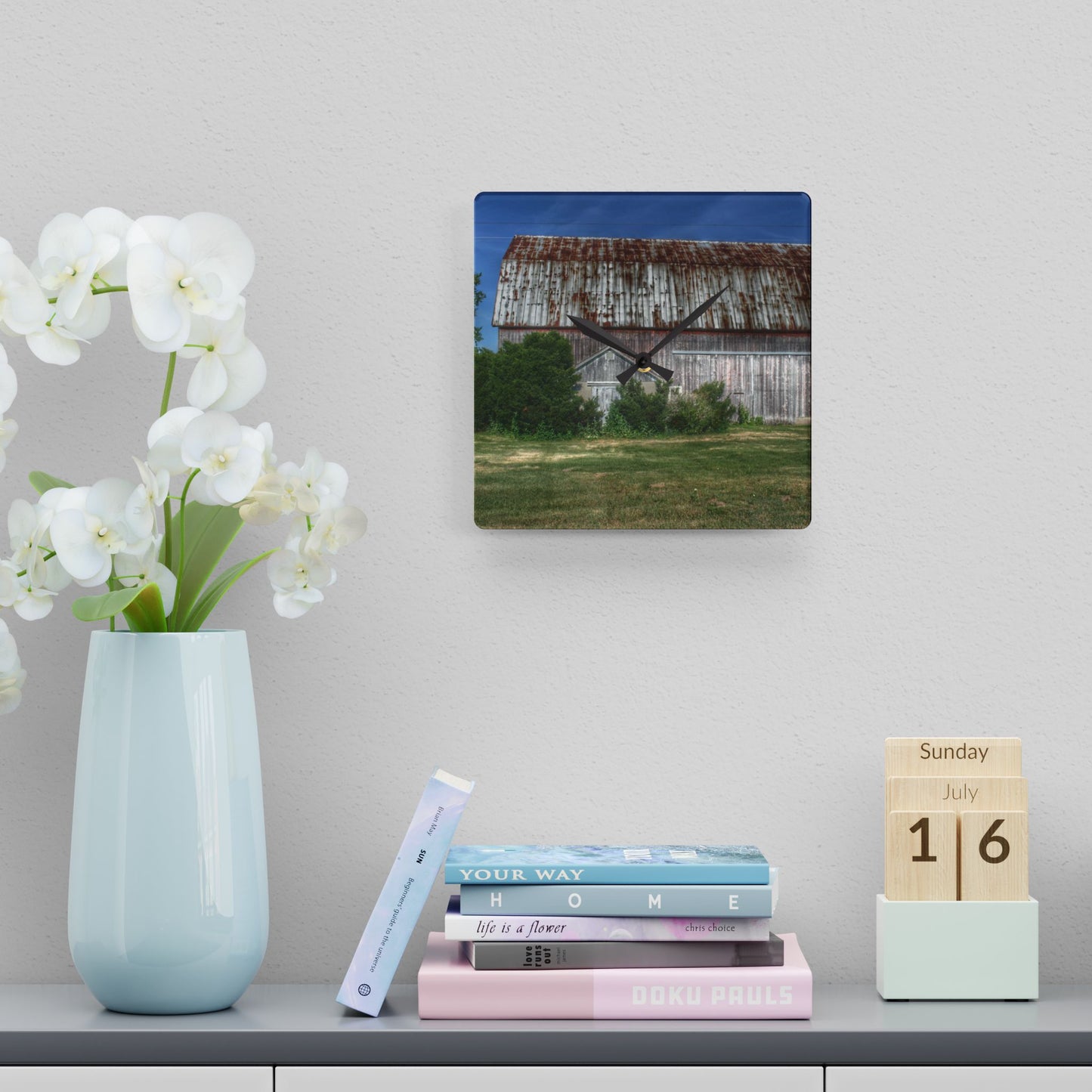 U R There Photography Barkley Road Red in Summer I Rustic Farmhouse Acrylic Analog Wall Clock