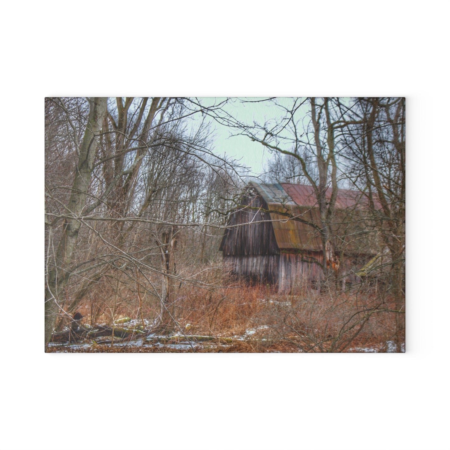 U R There Photography West Barnes Lake Hidden Red Rustic Farmhouse Tempered-Glass Cutting Board