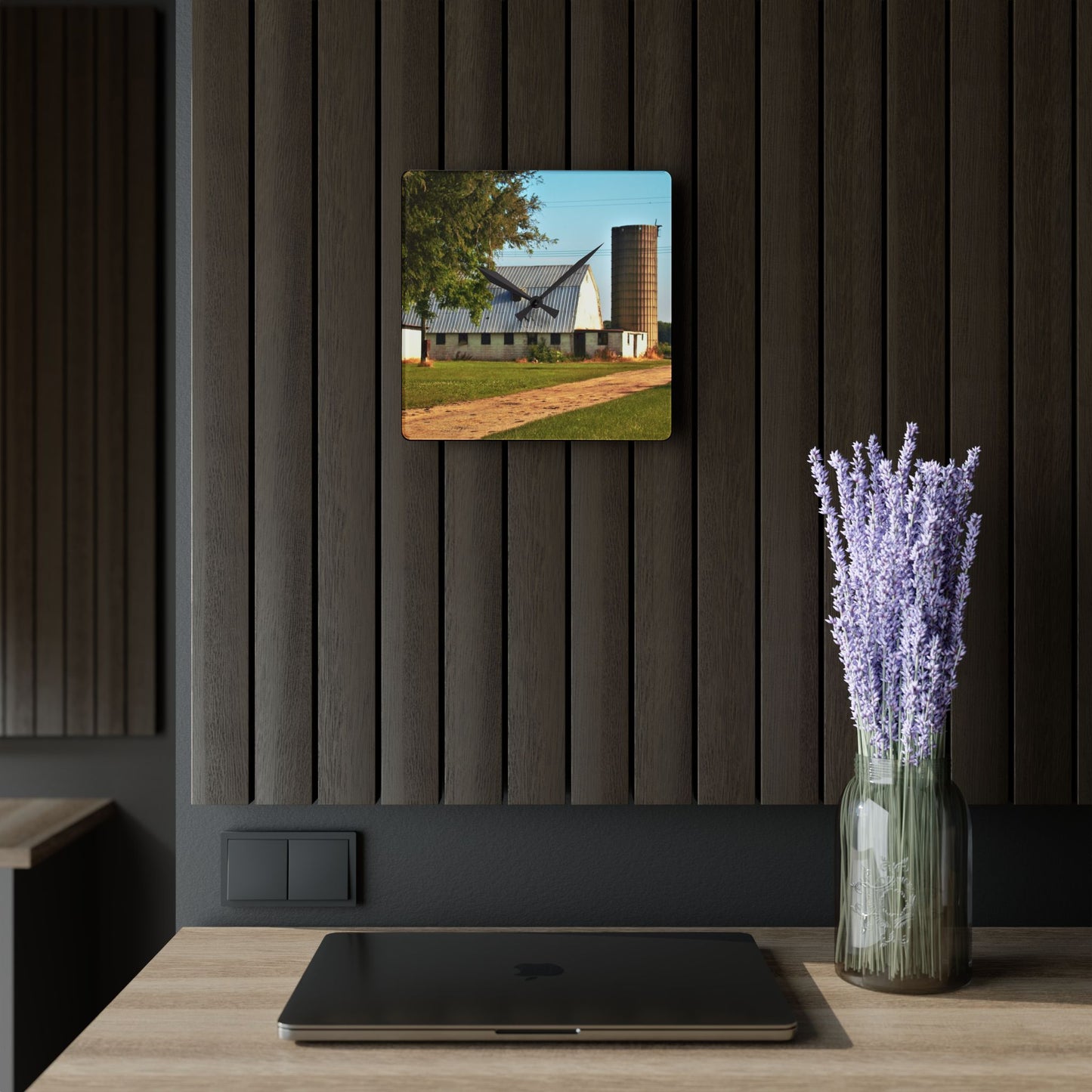 U R There Photography White Barn and Silo Rustic Farmhouse Acrylic Analog Wall Clock