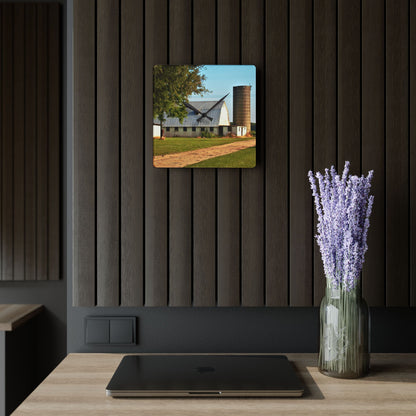 U R There Photography White Barn and Silo Rustic Farmhouse Acrylic Analog Wall Clock