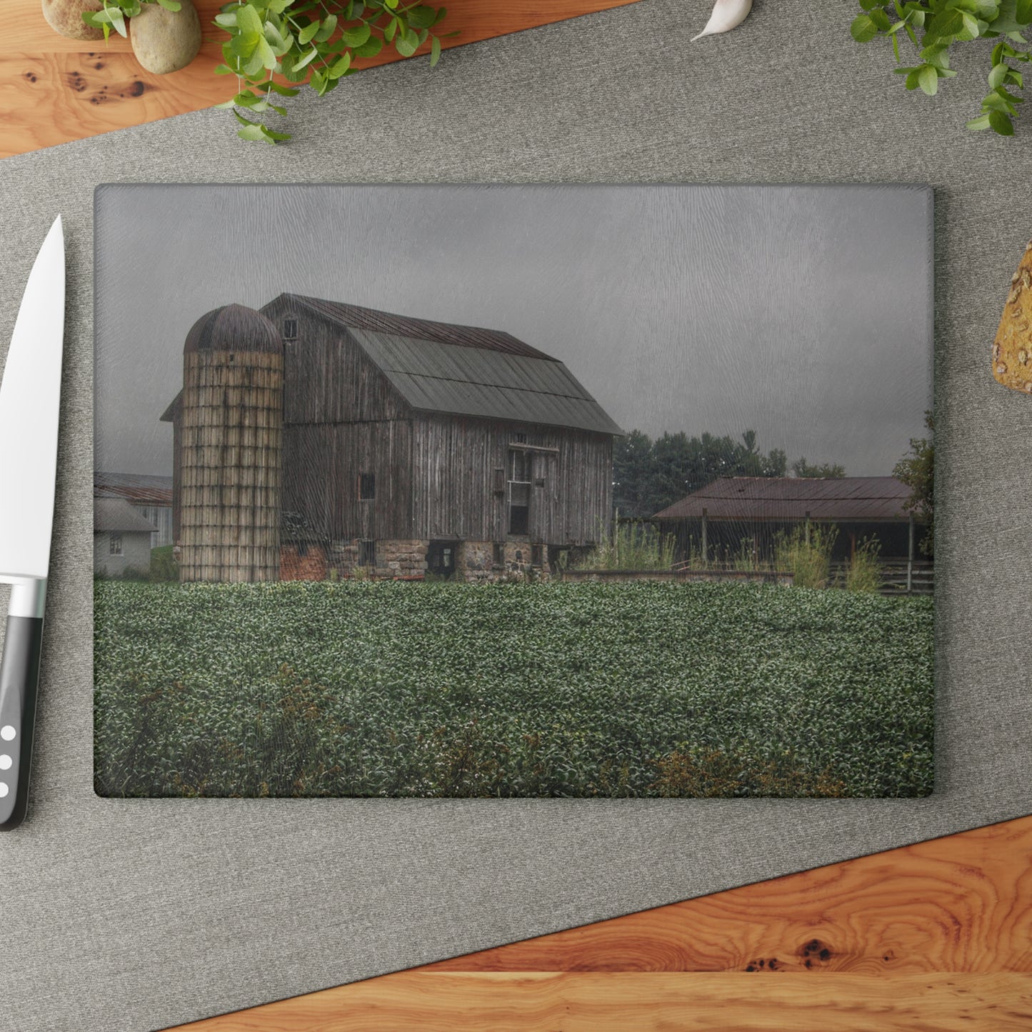 U R There Photography East Millington Road Grey and Stable Rustic Farmhouse Tempered-Glass Cutting Board