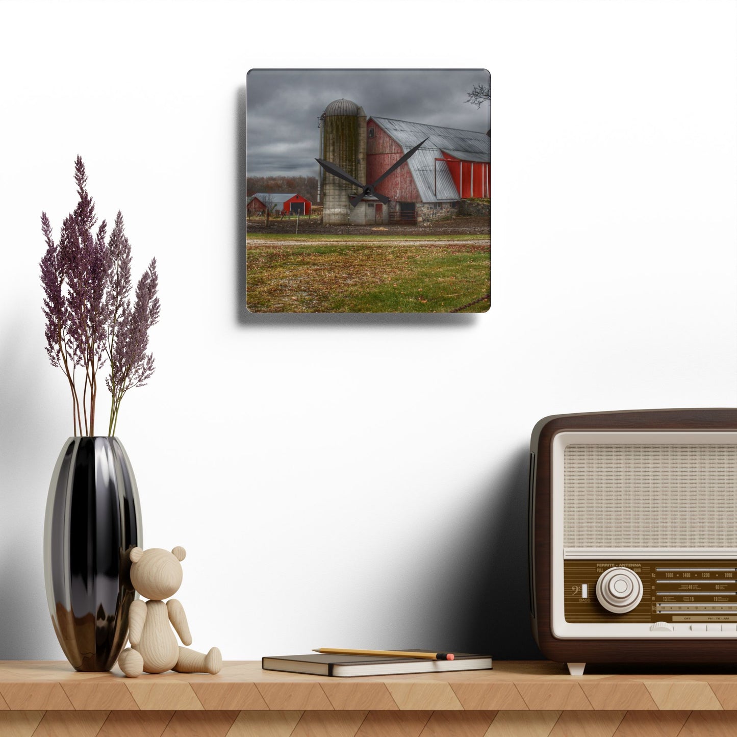 U R There Photography Slattery Roadside Red I Rustic Farmhouse Acrylic Analog Wall Clock