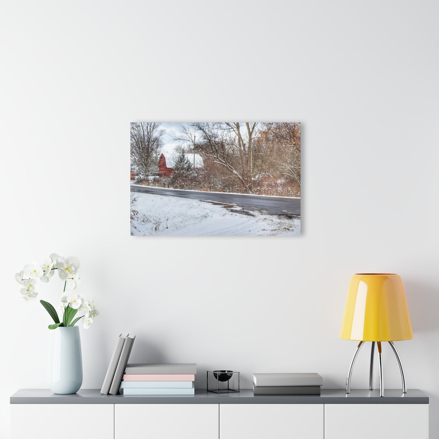U R There Photography Dodge Road Winter Red Rustic Farmhouse Acrylic Wall Print