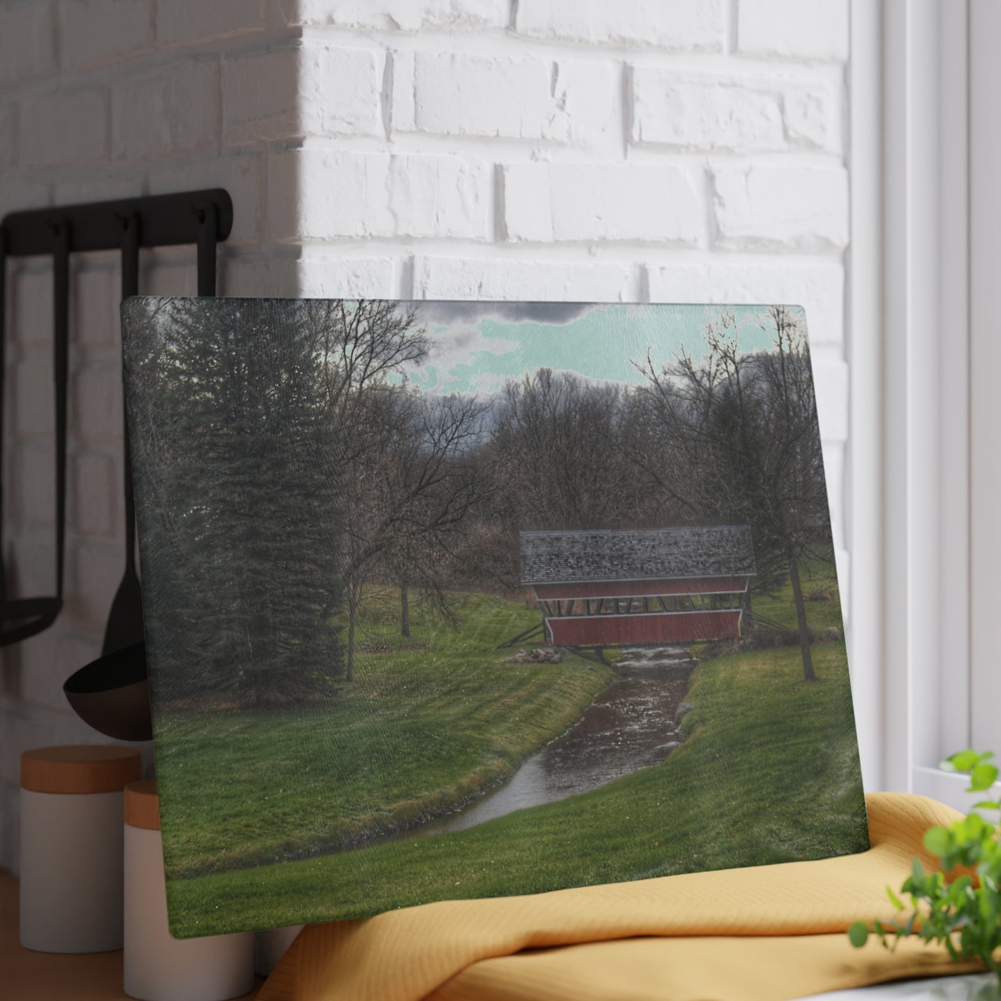 U R There Photography Hadley Covered Bridge III Rustic Farmhouse Tempered-Glass Cutting Board